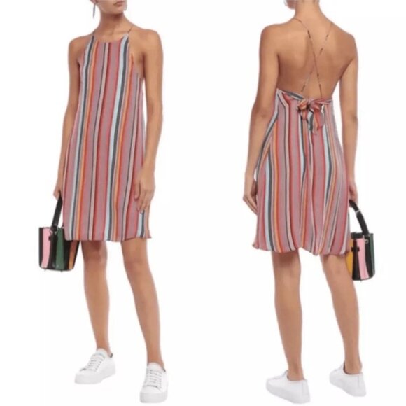 NWT Alice +‎ Olivia Kalia Red Multicolor Striped Halter Tieback Mini Dress LARGE - Picture 1 of 16